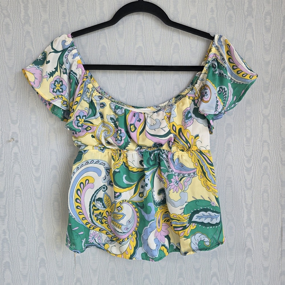 Rue21 Blouse Womens S Babydoll Satin Paisley Floral Short Sleeve Off‎ Shoulder